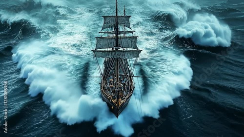 Vintage ship navigating rough seas, dramatic ocean waves