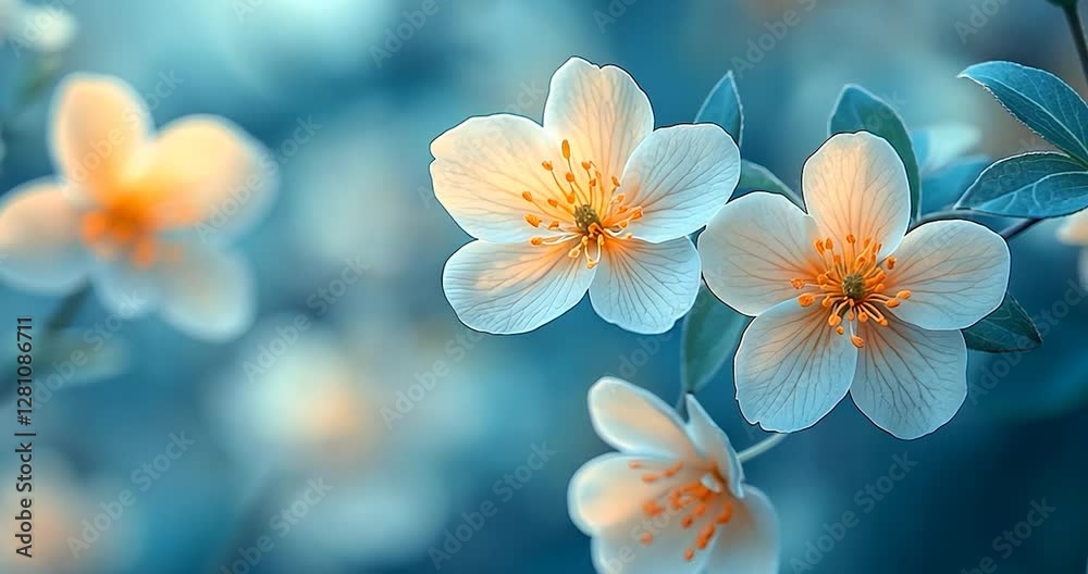 Close-up of Delicate White Flowers with Blurred Green and Blue Background and Bokeh Effect Close-up of Delicate White Flowers with Blurred Green and Blue Background and Bokeh Effect