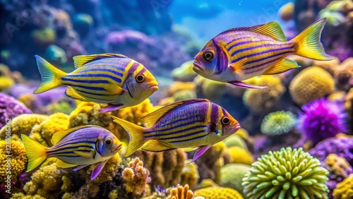 Striped tropical fish swim amidst vibrant coral reef, showcasing their bright yellow, blue, and purple coloration in an underwater paradise