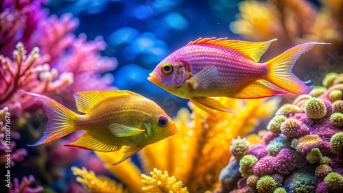 Vibrant aquatic life, two colorful fish swimming amidst a lively coral reef, showcasing the beauty of underwater ecosystems