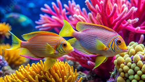 Vibrant Reef Inhabitants Two Striking Tropical Fish Gracefully Swimming Amidst Lush Coral