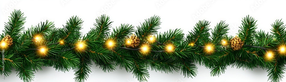 A flawless Christmas border with a garland of lights and evergreen branches, set against a transparent background A flawless Christmas border with a garland of lights and evergreen branches, set against a transparent background