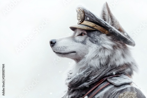 Noble wolf dressed in military uniform stands tall against snowy landscape backdrop photo