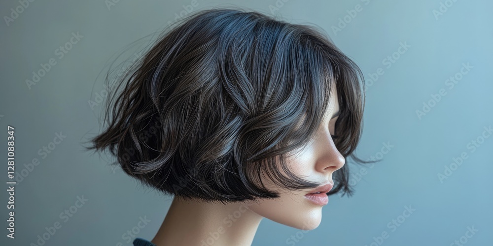 Naklejka premium Woman with short bob haircut looking downward.