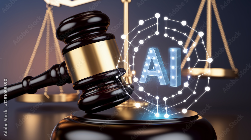 Obraz premium Close-up of a judge's gavel striking with glowing AI letters, symbolizing the use of artificial intelligence in the legal industry, representing justice and technology integration.