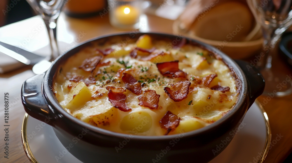 The tartiflette is a comforting dish, combining creamy cheese, potatoes, and crispy bacon The tartiflette is a comforting dish, combining creamy cheese, potatoes, and crispy bacon