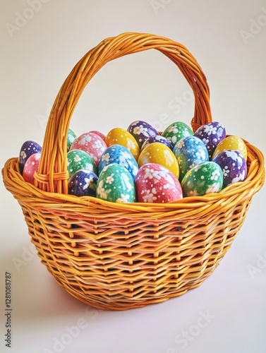 A woven basket filled with colorfully decorated Easter eggs, ready for the holiday celebration.