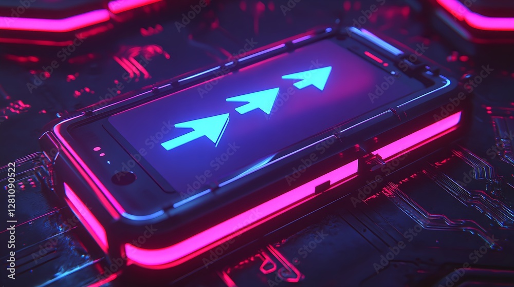Obraz premium Mobile Phone Render with Arrows Pointing Up on Digital Background