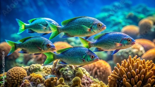 Vibrant Reef Inhabitants A School of Colorful Fish Gracefully Navigating a Lush Coral Ecosystem