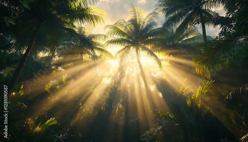 Beautiful sunlight filtering through palm trees in tropical forest