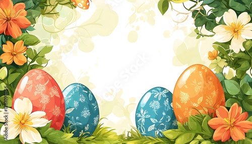 Easter eggs framed by flowers and leaves