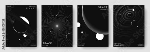 Set of abstract space astronomy backgrounds. Line art galaxy, universe, planet, solar system. Science future concept. Cosmic minimalist design for cover, poster, layout, banner, flyer, brochure