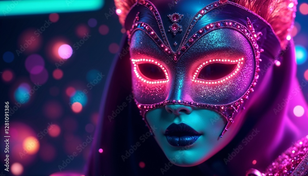 Stunning masked model with sparkling makeup and vibrant neon lights creating a mysterious atmosphere