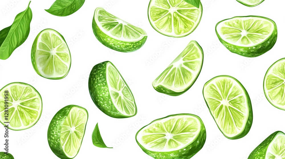 Fresh Lime Slices with Leaves on Clean White Background Fresh Lime Slices with Leaves on Clean White Background