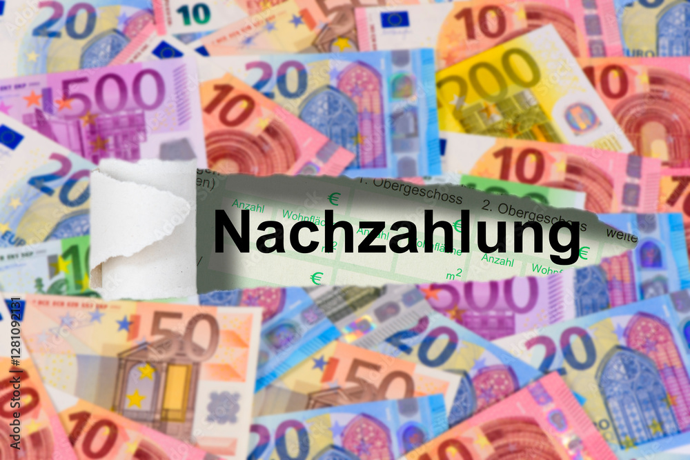 Viele Euro Geldscheine bilden einen Riss mit der Inschrift Nachzahlung - Symbolbild - FOTOMONTAGE Viele Euro Geldscheine bilden einen Riss mit der Inschrift Nachzahlung - Symbolbild - FOTOMONTAGE