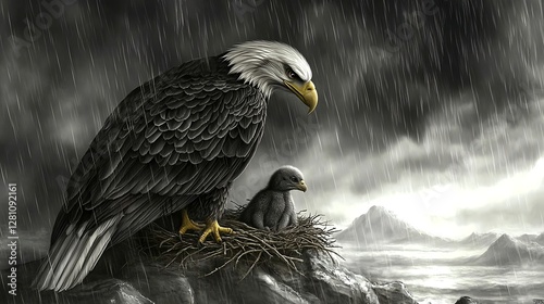 Bald Eagle with Eaglet in Nest Under Rainy Skies Looking Content