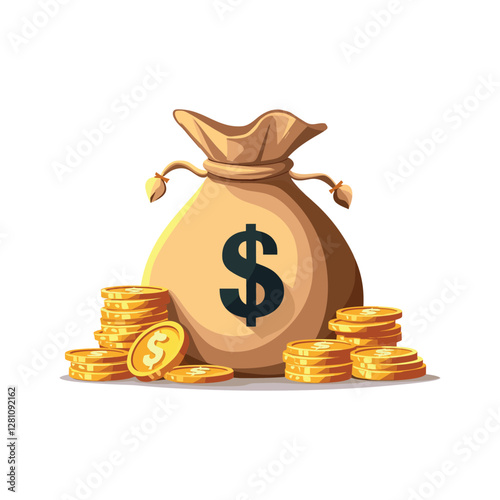 Cartoon-Style Money Bag Filled with Coins, A Cloth Bag Stuffed with Yen and Dollar Coins, Depicting Prosperity, Prepayment, and Down Payment Concepts