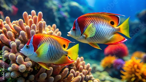 Vibrant Marine Life Two Exquisite Tropical Fish Gracefully Swimming Amidst a Lush Coral Reef Ecosystem
