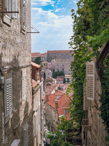 Panoramic street view to Dubrovnik old town from uphill, Dalmatia, Croatia stock photo