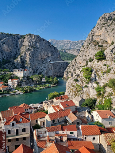 View to Omis and Cetina river with mountains, Omis, Dalmatia, Split, Croatia	
