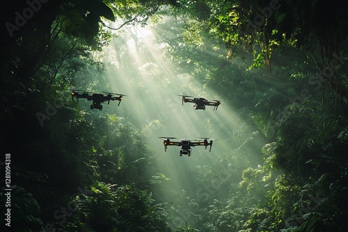 Drones surveying jungle canopy, sunlight streams through leaves