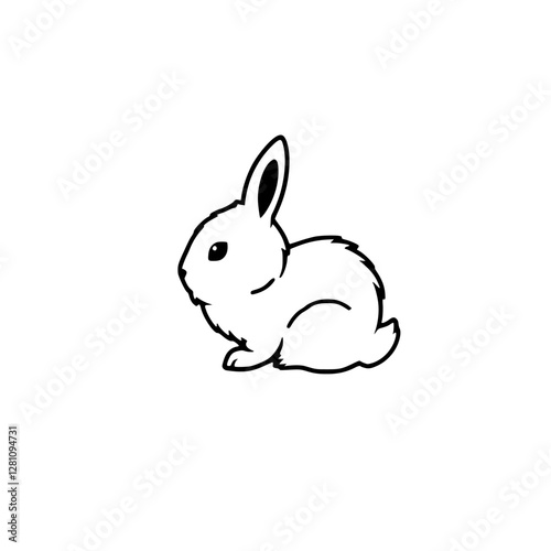 A minimalist illustration of a sitting rabbit, in a minimal, black and white line art style, set against a pure white background.