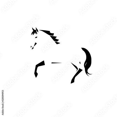 Geometric monochrome image of a horse running against a white backdrop, in a minimalist style.