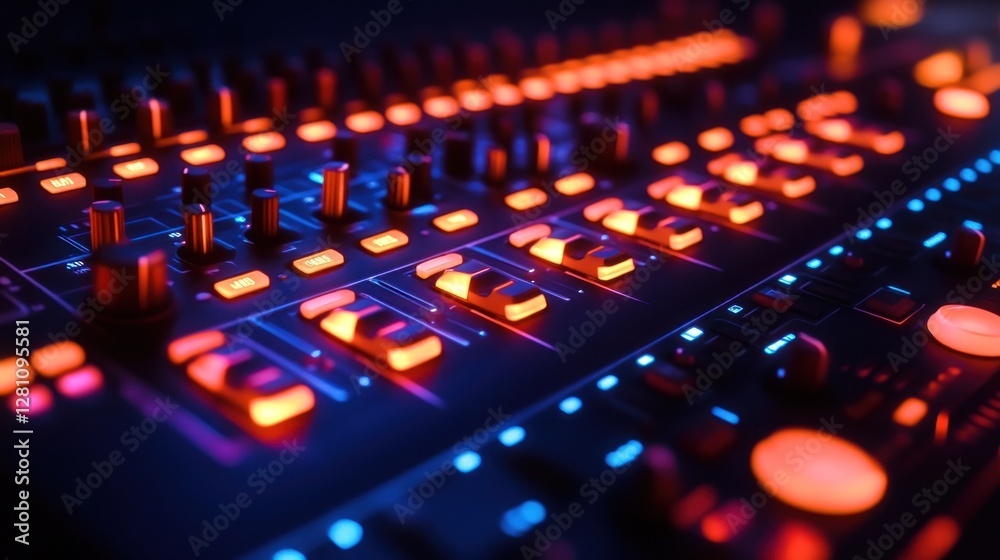 Illuminated Sound Mixer Console: A Close-Up View of Audio Production Technology Illuminated Sound Mixer Console: A Close-Up View of Audio Production Technology