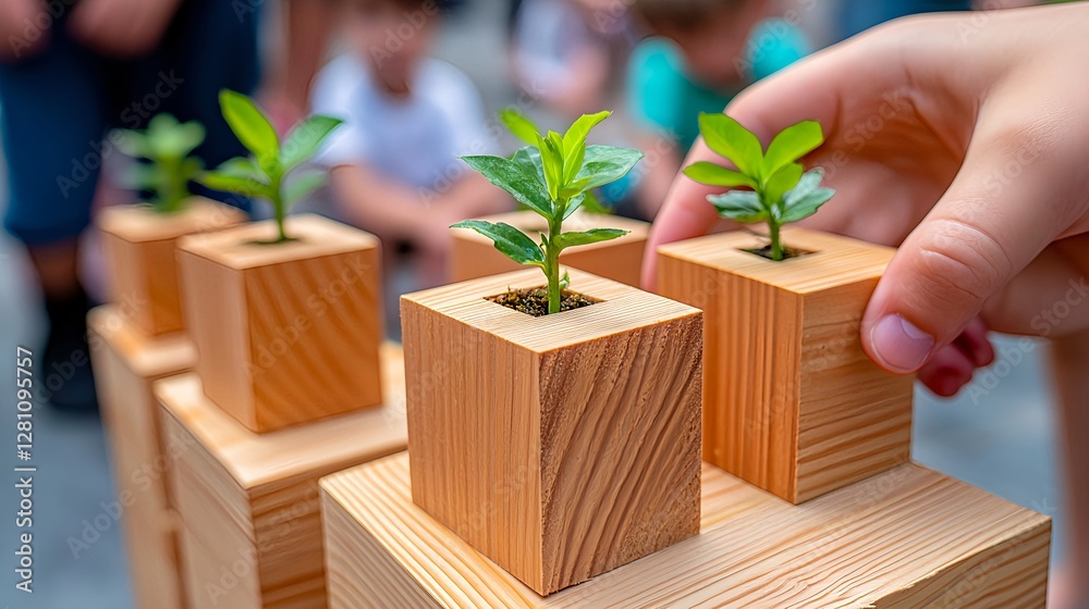 Wooden Blocks with Green Plants Growing Symbolizing Growth in Education Wooden Blocks with Green Plants Growing Symbolizing Growth in Education