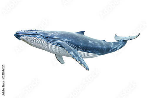A single blue whale is playing in the water on a white background.