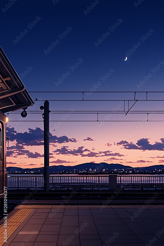 Evening train station, tranquil sunset, city view Evening train station, tranquil sunset, city view
