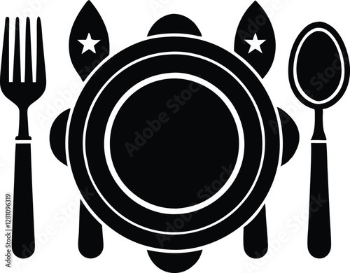 Fork, knife, spoon and plate set icons. Tableware set flat style. Dinnerservice collection. Plate, fork and knife for apps and websites. Dinner service 