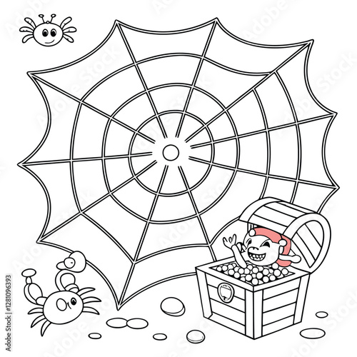 Cute Halloween Coloring Page: Spider Web, Cartoon Treasure Chest, Crab, and Goblin - Printable Activity for Kids and Adults
