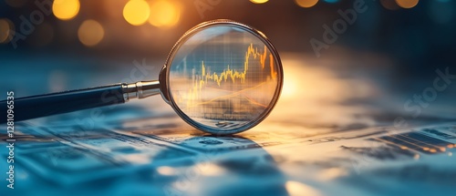 USA currencyfocused investment concept featuring a magnifying glass over cash stacks, digital finance charts, and a glowing economy backdrop photo