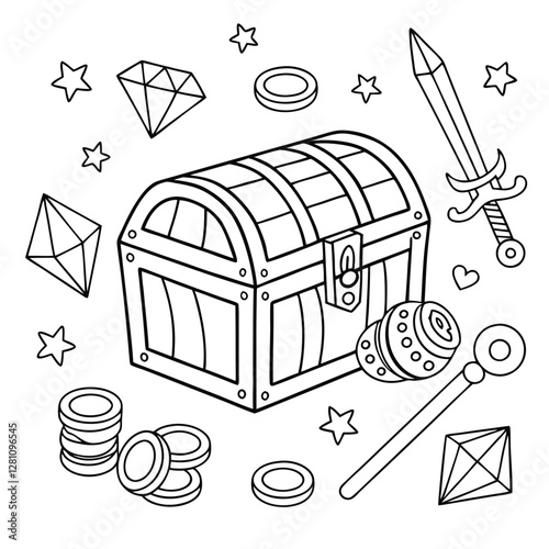 Treasure Chest Coloring Page: Sword, Gems, Coins, and Magic Wand Line Art for Kids - Printable Fantasy Adventure Illustration