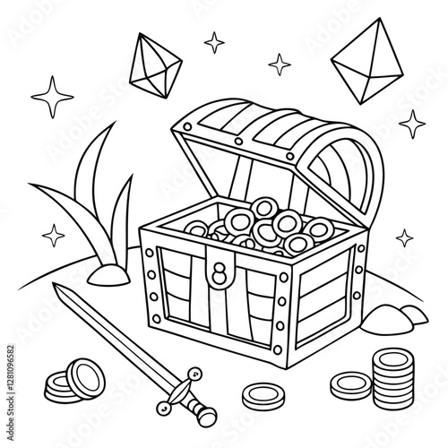 Treasure Chest Coloring Page: Sword, Coins, and Jewels - Printable Fantasy Adventure Art for Kids & Adults - Line Art Illustration