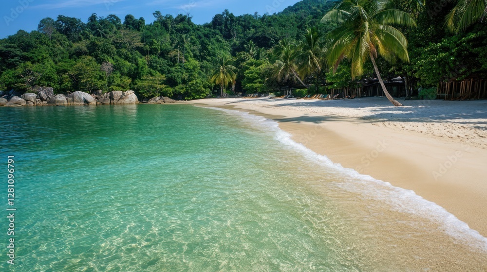 Tropical beach with crystal-clear turquoise water lapping a pristine white sand shore, lush green vegetation and palm trees.