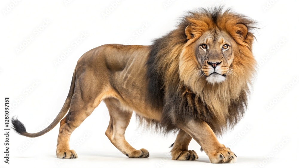Side view of a Lion walking, looking at the camera, Panthera Leo, 10 years old, isolated on white Side view of a Lion walking, looking at the camera, Panthera Leo, 10 years old, isolated on white