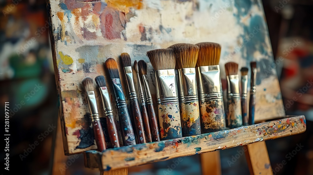 Fototapeta premium Paint Brushes Resting on Easel with Colorful Splatters of Artist Palette