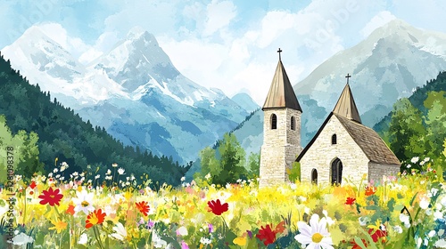 Watercolor Painting Depicting Two Churches Embedded in Mountains