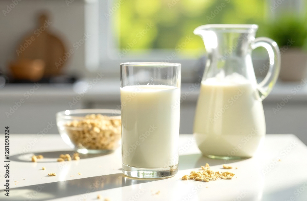 A glass cup and a pitcher of oat milk sit on a light table in a light kitchen. A glass cup and a pitcher of oat milk sit on a light table in a light kitchen.