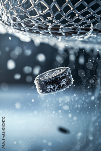 Shot hockey puck speeding down the ice into goal net and splashing water and ice particles flying through the air. Banner with copy space. Hockey world cup theme.