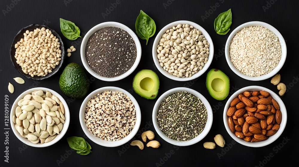 Healthy Foods Layout with Nuts, Seeds, and Avocados on Dark Background Healthy Foods Layout with Nuts, Seeds, and Avocados on Dark Background