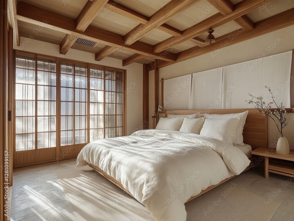 A cozy bedroom with wooden elements and white bedding A cozy bedroom with wooden elements and white bedding