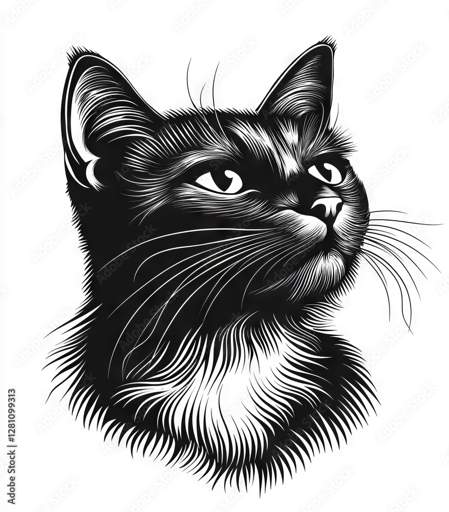 Fototapeta premium A black and white illustration of an isolated real cat against a background graphic