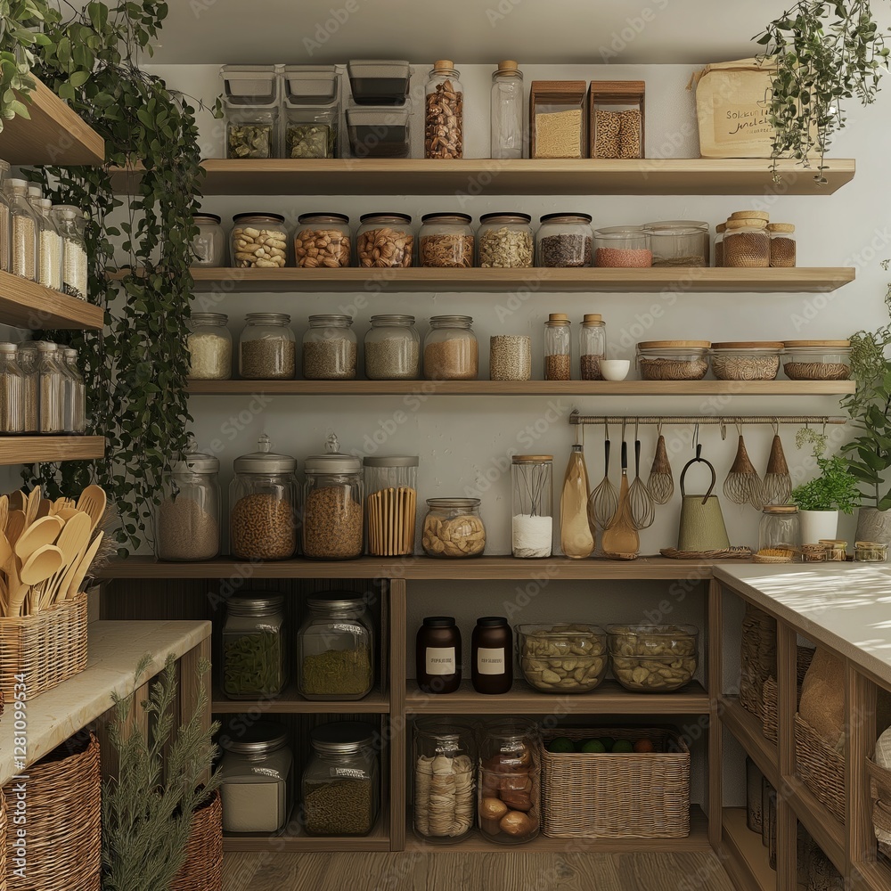 Organized pantry with jars and containers on wooden shelves surrounded by green plants Organized pantry with jars and containers on wooden shelves surrounded by green plants