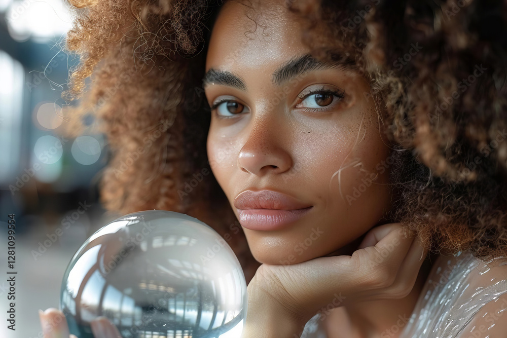 Naklejka premium Portrait of an African American Businesswoman with Her Hand on a Crystal Ball in Her Office