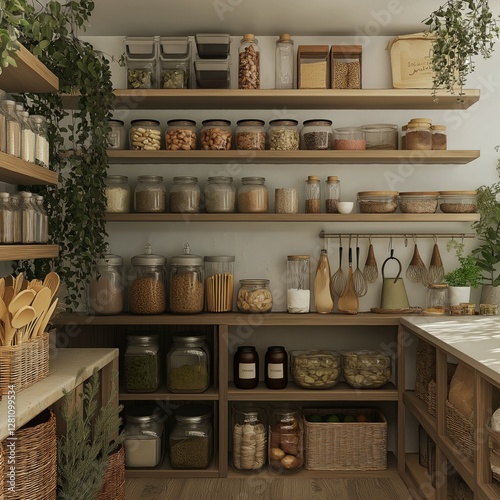 Wallpaper Mural Organized pantry with jars and containers on wooden shelves surrounded by green plants Torontodigital.ca