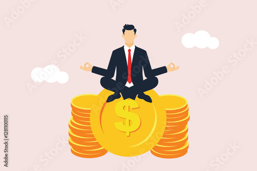 Financial guru or expert, behavioral finance mindfulness for wealth management, money and investment advisor concept, smart businessman meditate and floating on big golden money dollar coin