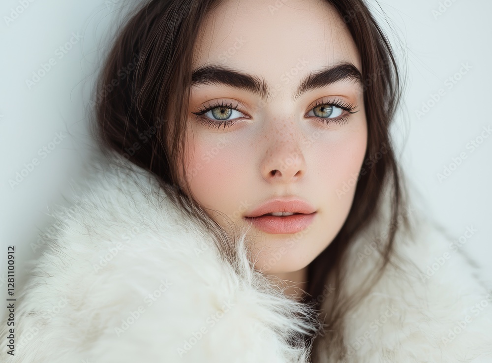 A gorgeous woman wearing a white fur coat and striking makeup, posing for a fashion photo shoot A gorgeous woman wearing a white fur coat and striking makeup, posing for a fashion photo shoot